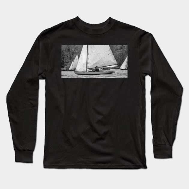 Traditional brown boat racing on Wroxham Broad, Norfolk Long Sleeve T-Shirt by yackers1
